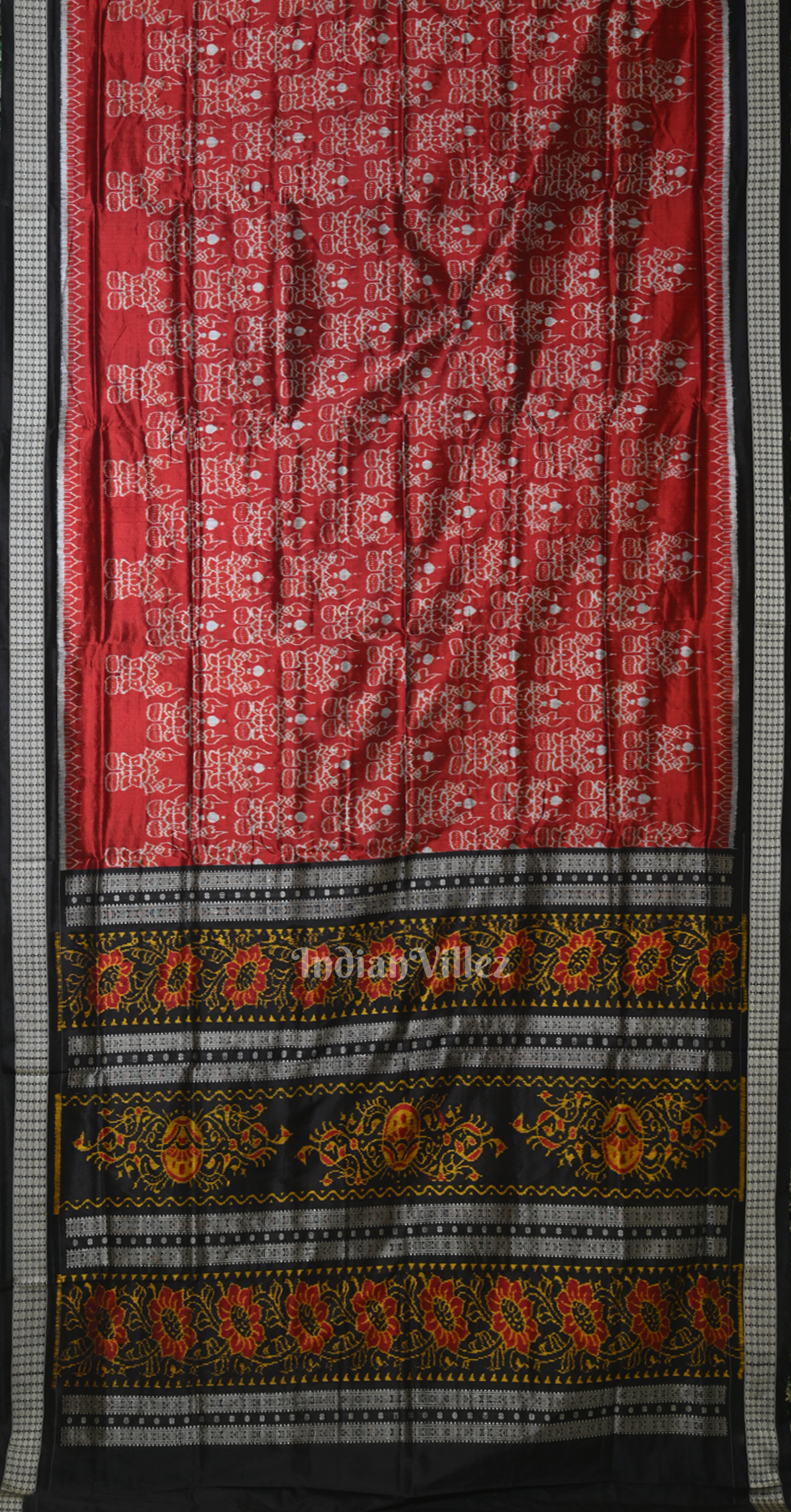 Red Black Sankha Padma Motif Odisha Ikat Sambalpuri Silk Saree