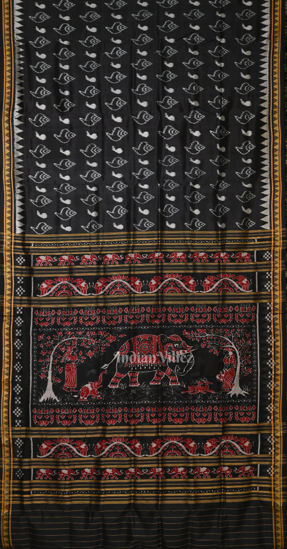 Black Sankha Motif Odisha Ikat Khandua Silk Saree with Elephant Anchal