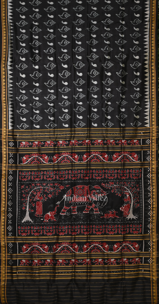 Black Sankha Motif Odisha Ikat Khandua Silk Saree with Elephant Anchal