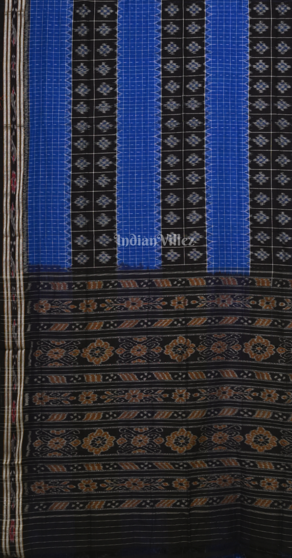 Blue Checks Black Middle Pasapali Odisha Ikat Sambalpuri Cotton Saree 