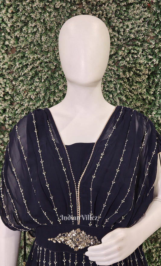 Navy Blue Embroidery Georgette Poncho Style Long Gown