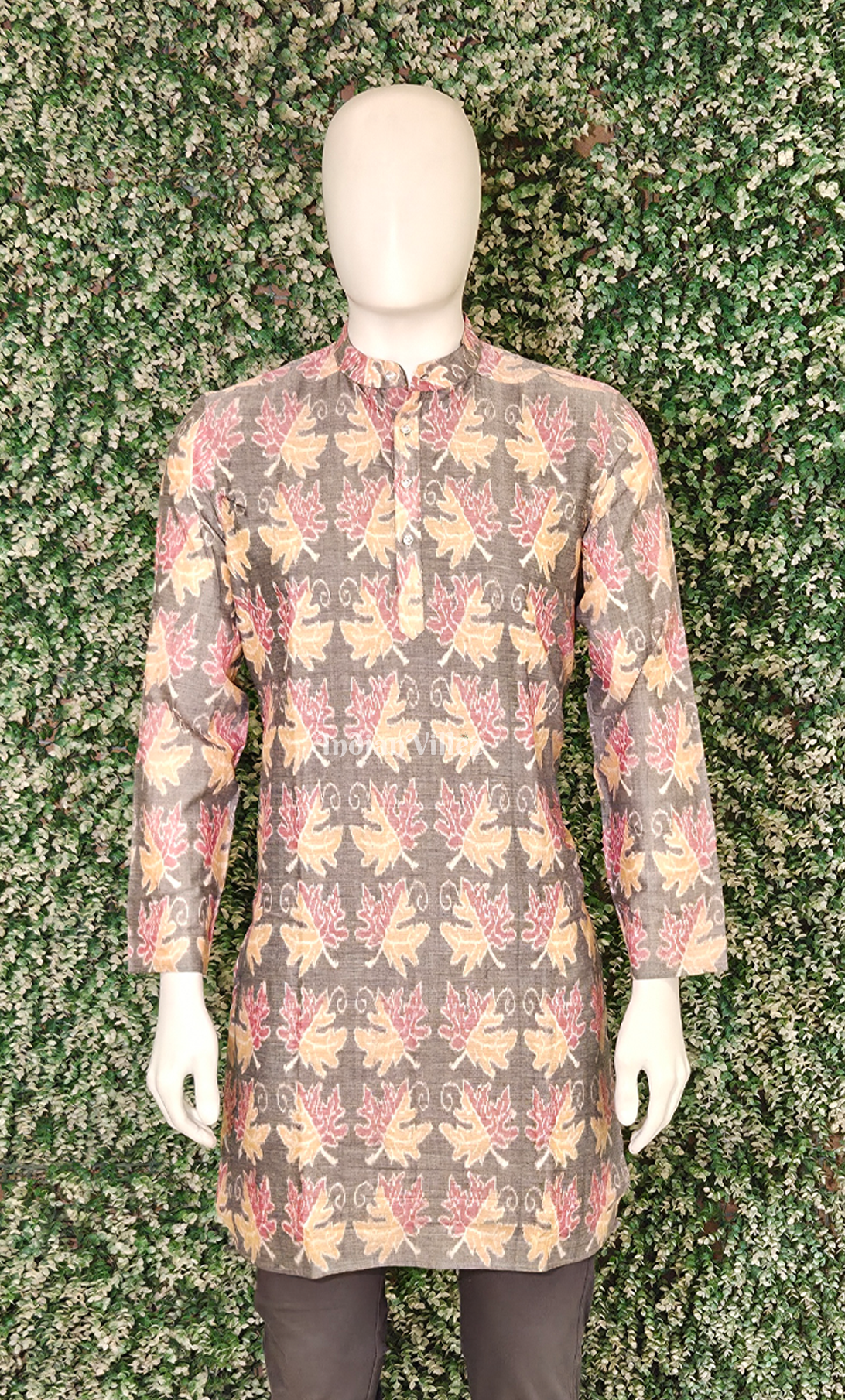 Grey Yellow Floral Odisha Ikat Cotton Kurta for Men 