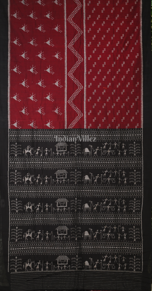 Maroon Black Tribal Theme Odisha Ikat Sambalpuri Cotton Saree 