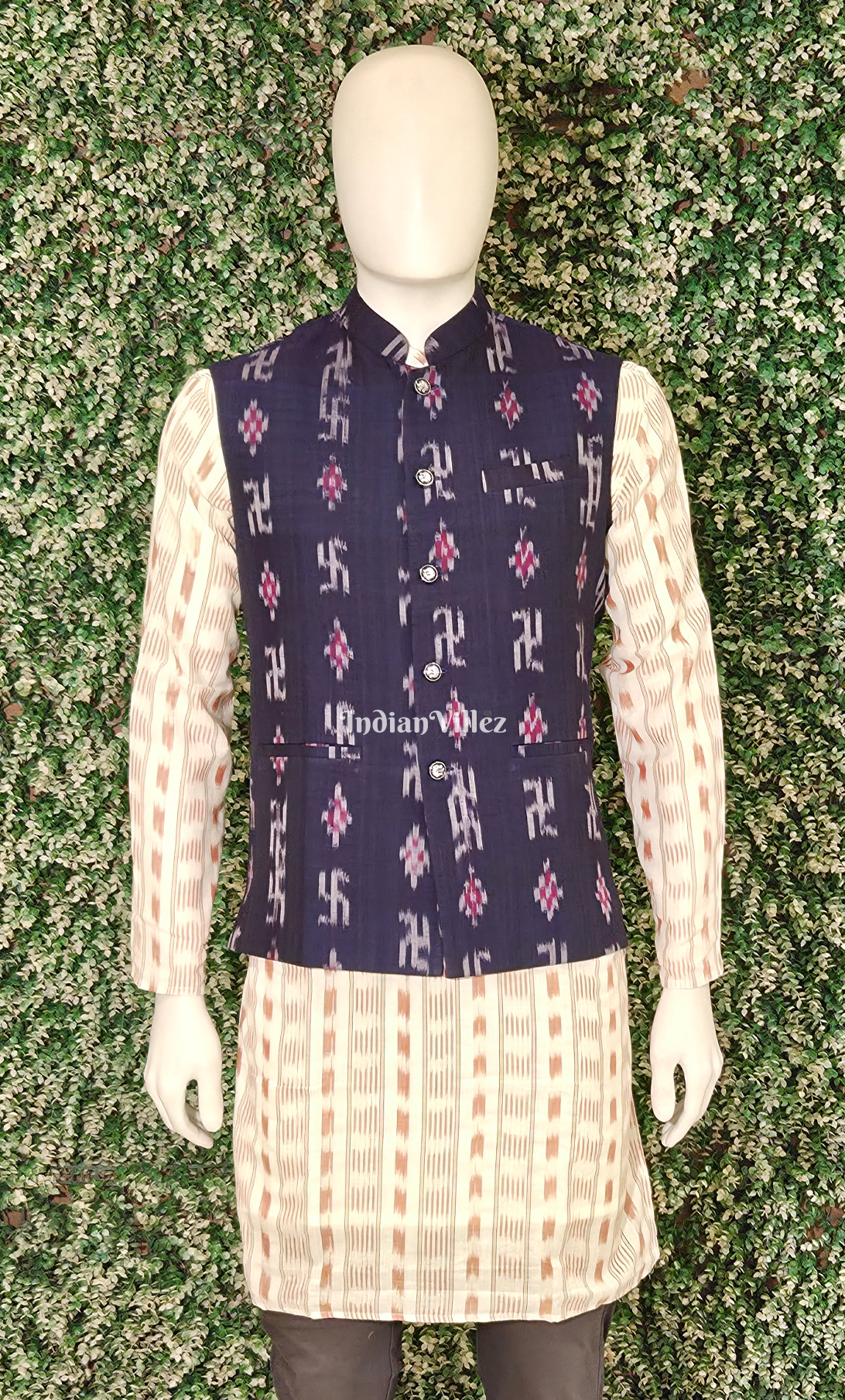 Navy Blue Swastik Odisha Ikat Half Bandi Jacket for Men 