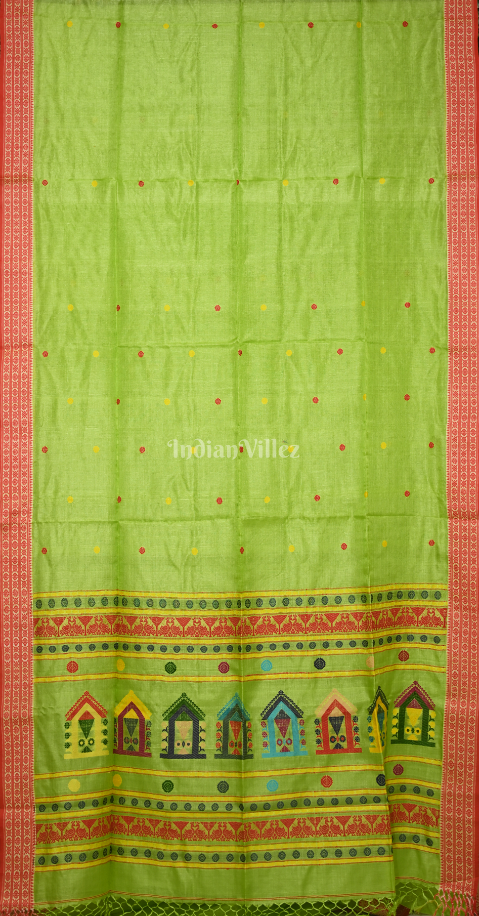 Parrot Green Red Buti Design Tussar Silk Jamdani Saree 