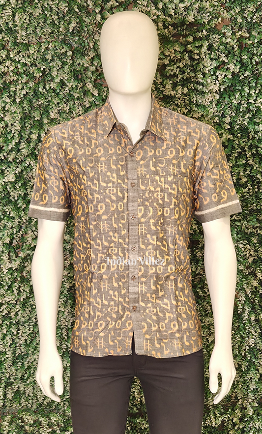 Grey Yellow Musical Instrument Theme Odisha Ikat Cotton Half Sleeve Shirt for Men