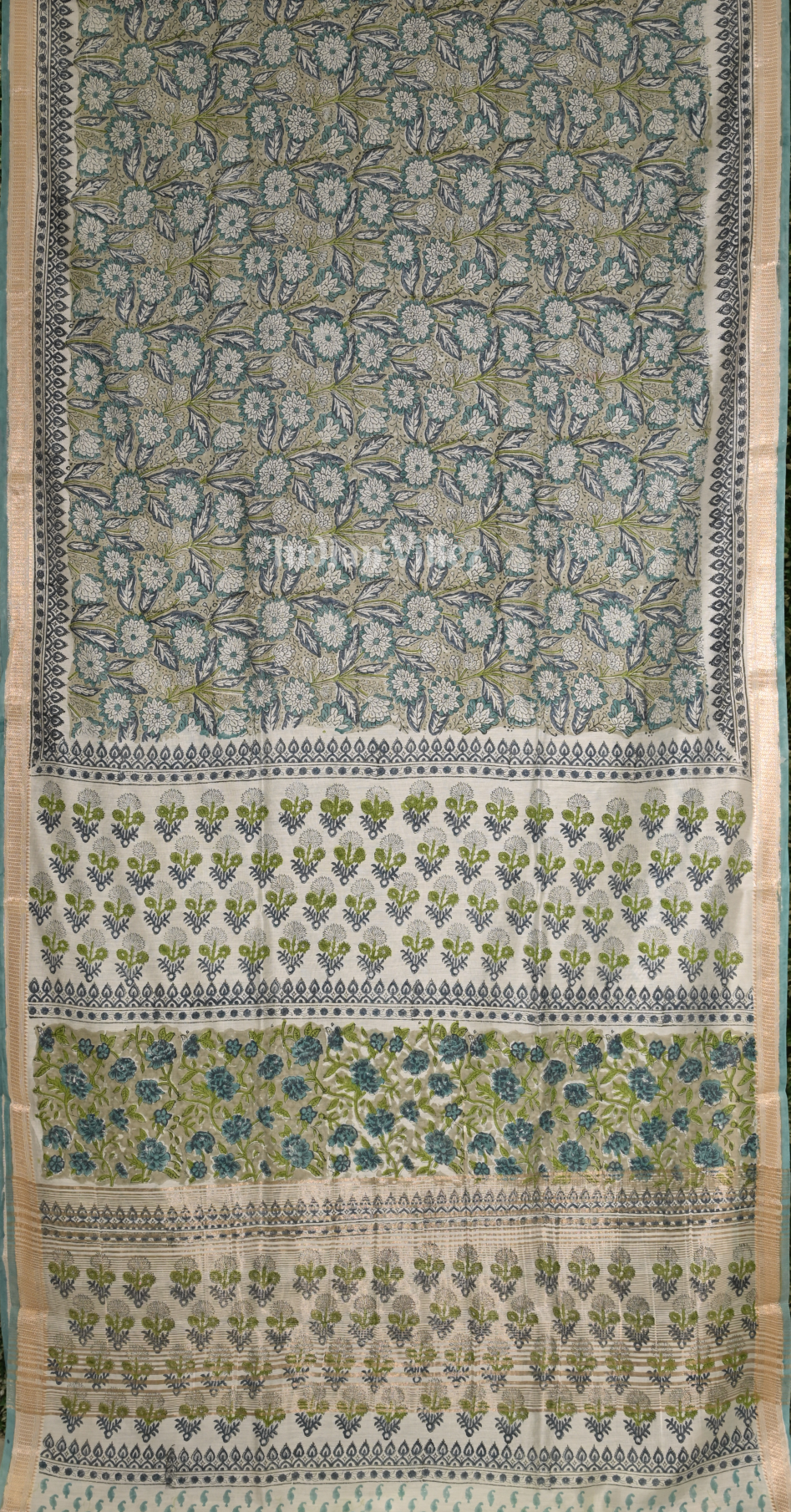 Grey with Multi Colour Block Printed Sanganeri Cotton Saree