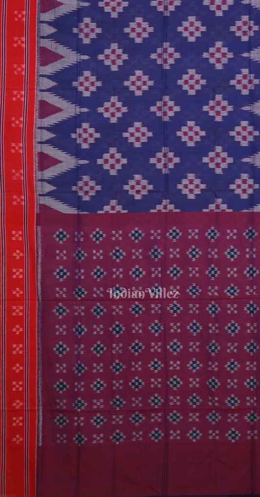 Blue Maroon Body Pasapali Odisha Ikat Sambalpuri Cotton Saree 