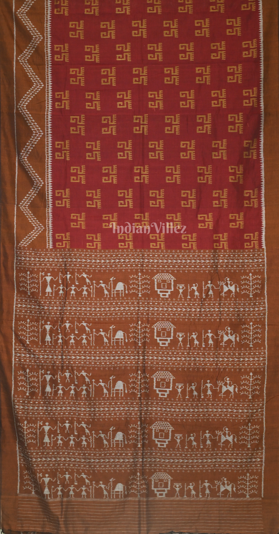 Maroon Brown Laxmipada Theme  Odisha Ikat Sambalpuri Cotton Saree With Tribal Anchal 