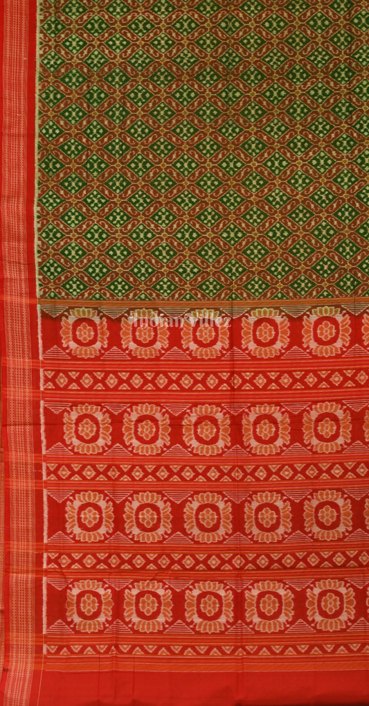Green Red Floral Motif Odisha Handloom Sambalpuri Ikat Cotton Saree 