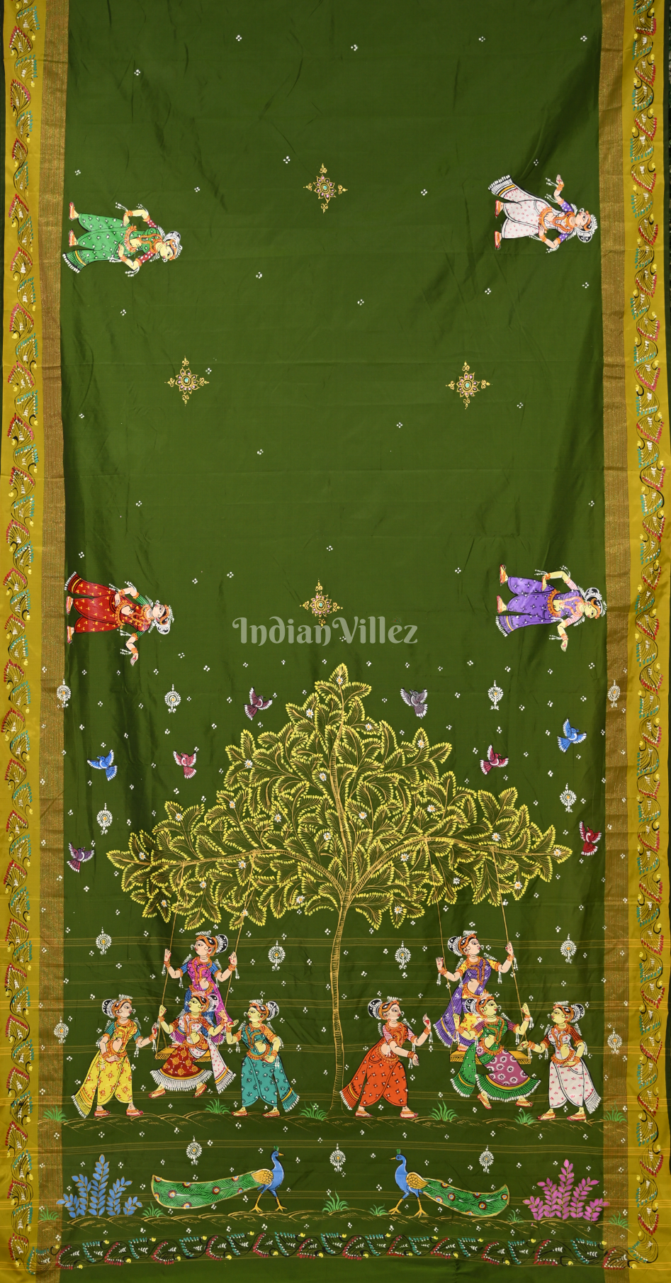 Mehendi Green Raja Doli Theme Hand-Painted Pattachitra Saree 