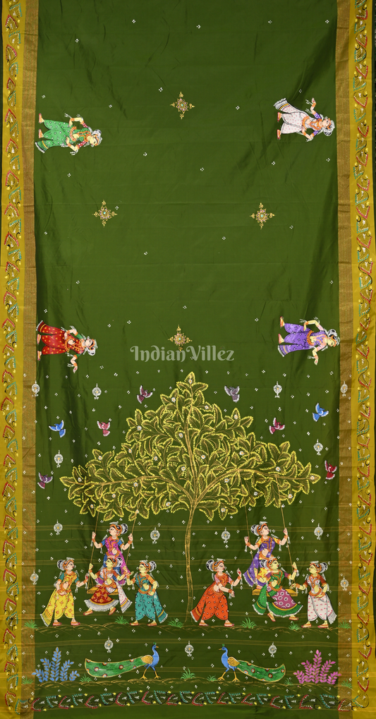 Mehendi Green Raja Doli Theme Hand-Painted Pattachitra Saree 