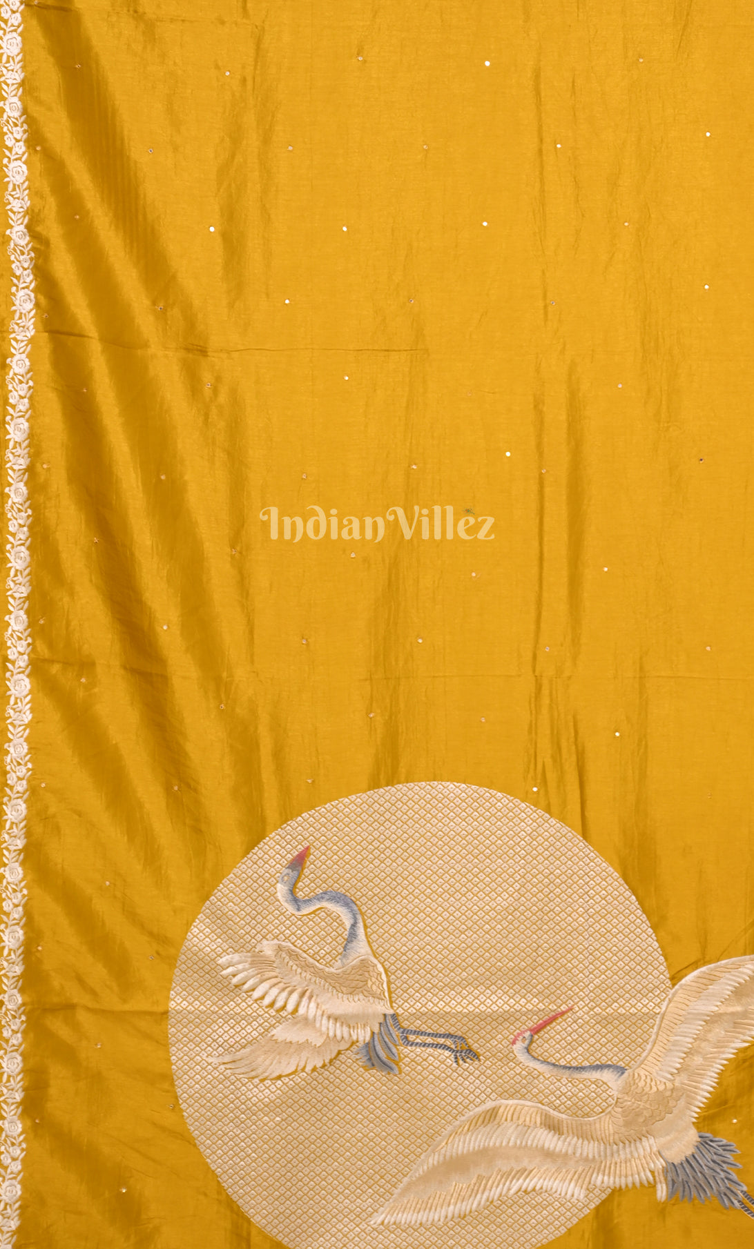 Yellow  Parsi Gara Satin Hand Embroidery  Saree 