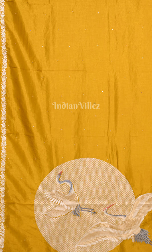 Yellow  Parsi Gara Satin Hand Embroidery  Saree 
