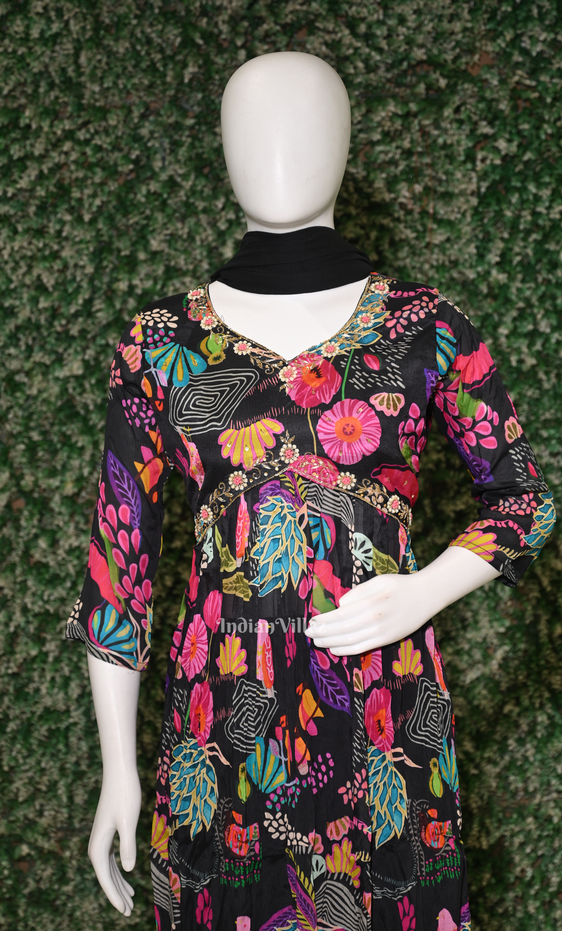 Black Floral Embroidered Alia Cut Kurta Plazzoo with Dupatta set 