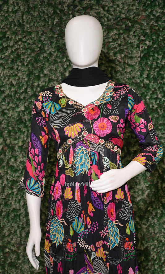 Black Floral Embroidered Alia Cut Kurta Plazzoo with Dupatta set 
