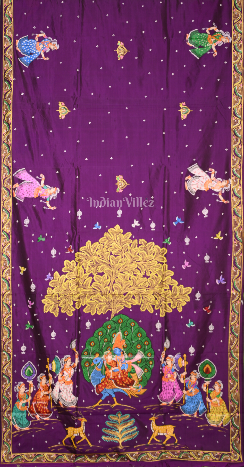 Purple Green Peacock (Mayur) & Nartaki Theme Dual Tone Hand-Painted Pattachitra Saree 