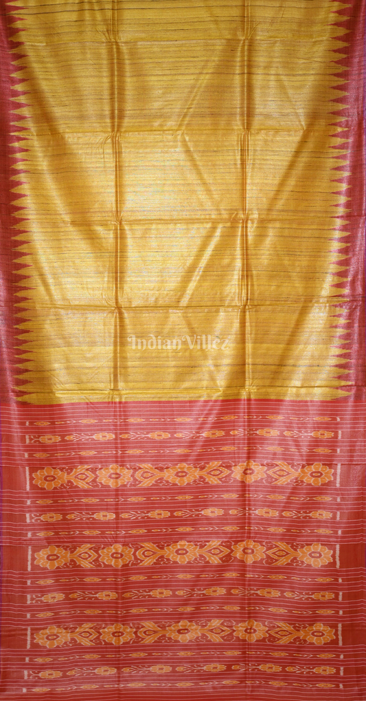 Mustard Yellow Red Gopalpur Tussar Silk Saree 