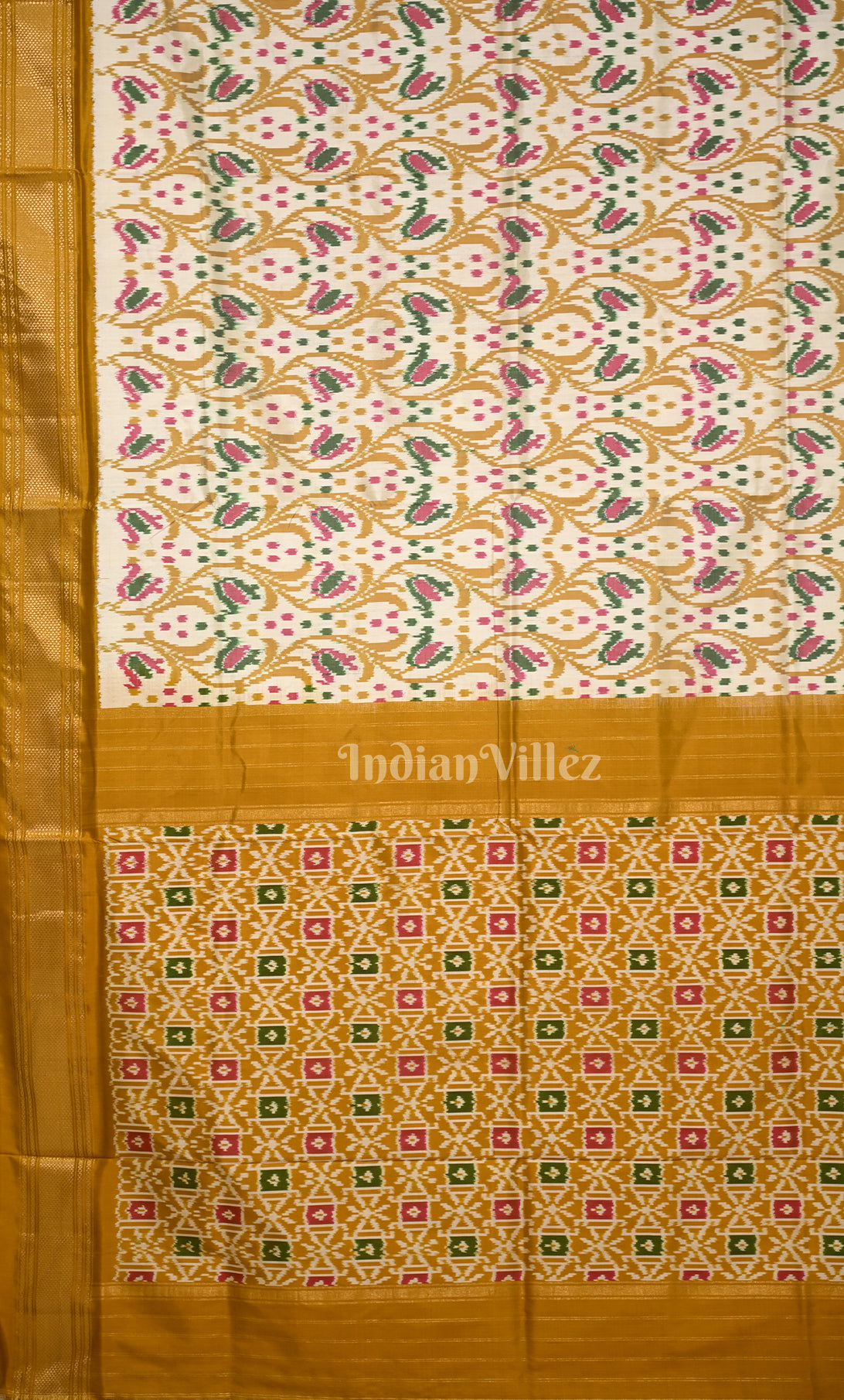 Off White Mustard Yellow Pochampally Ikat Silk Saree
