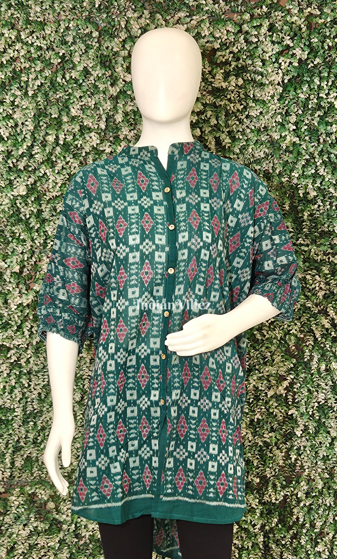 Sea Green Red Pasapali Odisha Ikat Designer Low to High Cotton Kurti for Women 