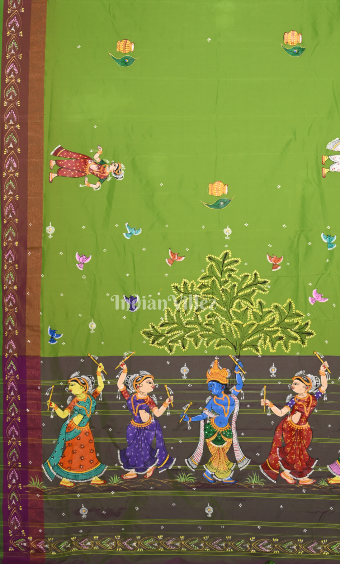 Parrot Green Krishna Raasleela Hand-Painted Pattachitra Saree
