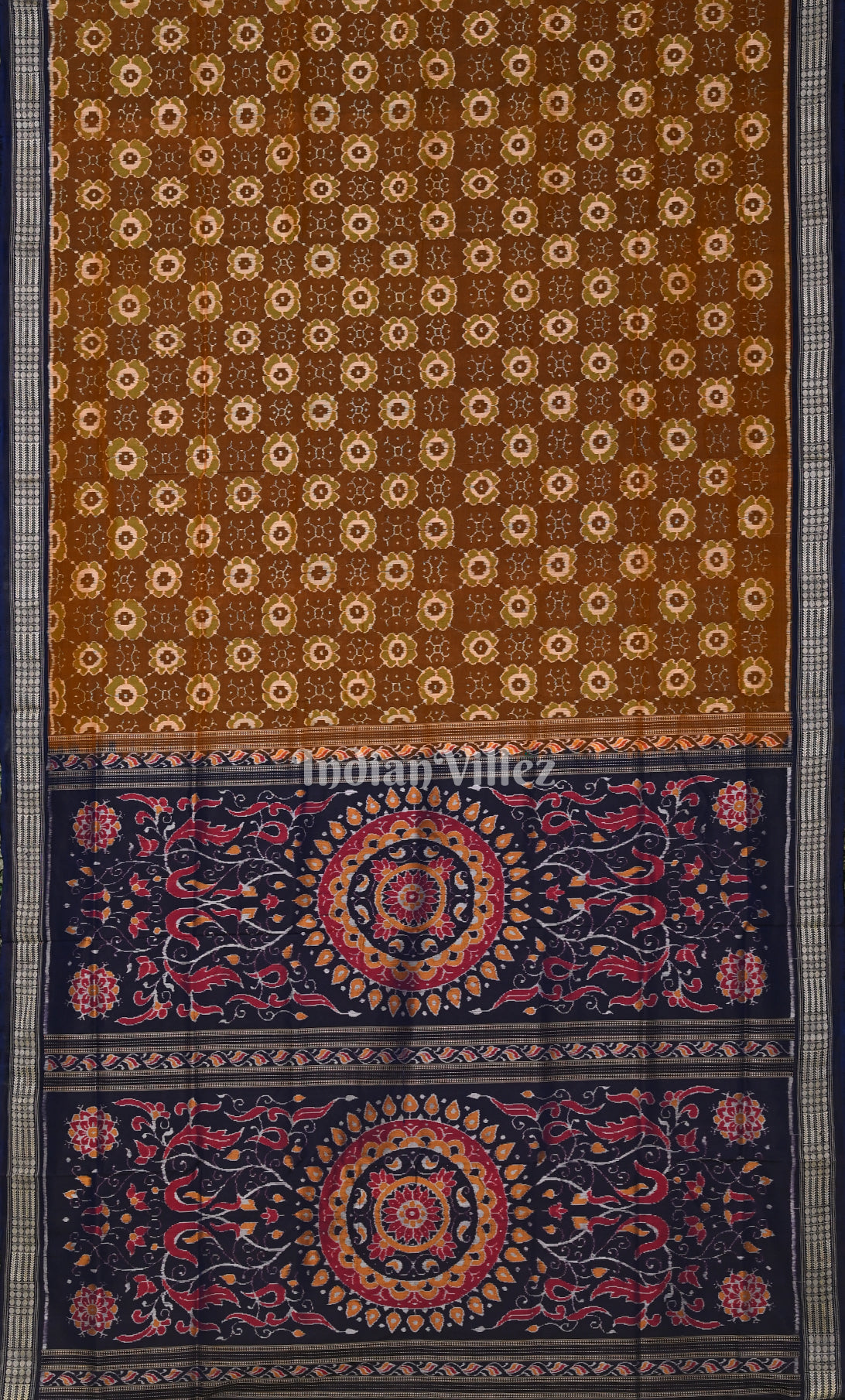 Chocolate Brown Blue Odisha Ikat Sambalpuri Silk Saree 