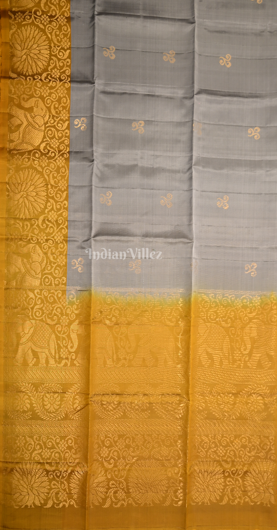 Grey Mustard Yellow Floral Zari Pure Kanjivaram Soft Silk Saree