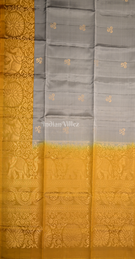Grey Mustard Yellow Floral Zari Pure Kanjivaram Soft Silk Saree
