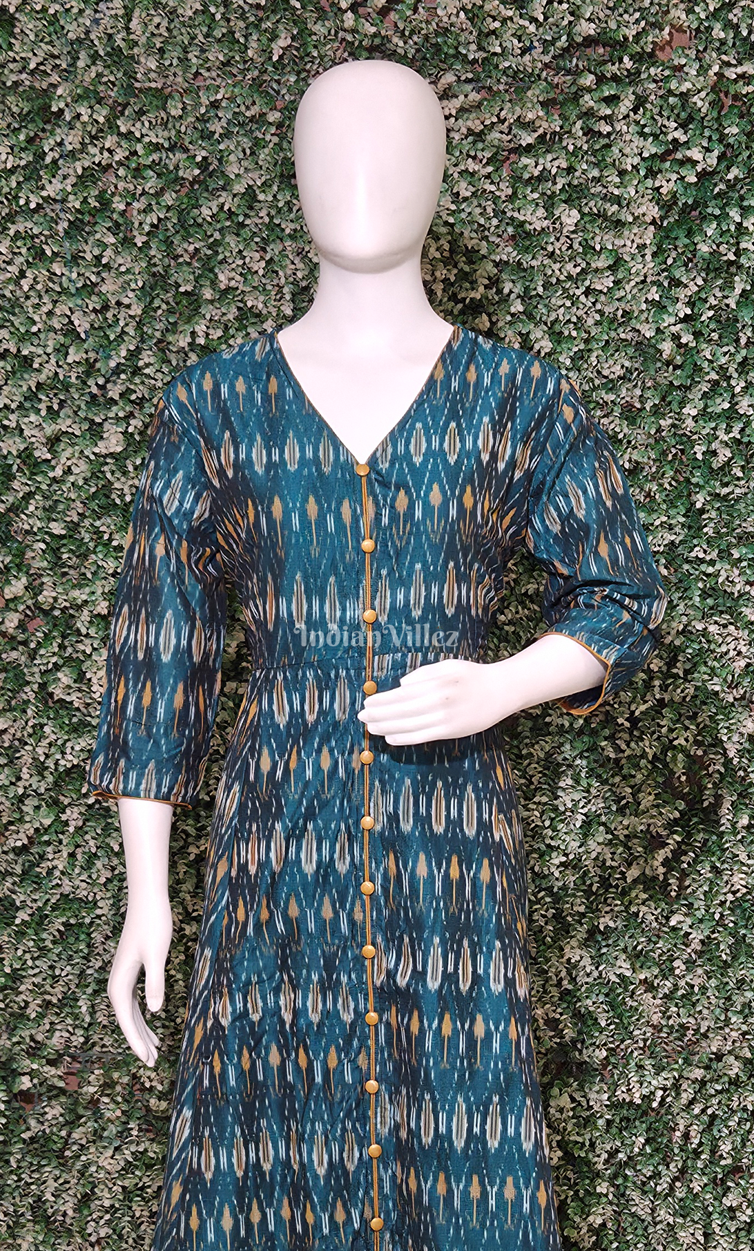 Teal Blue Pochampally Ikat Designer Long Gown for Women 