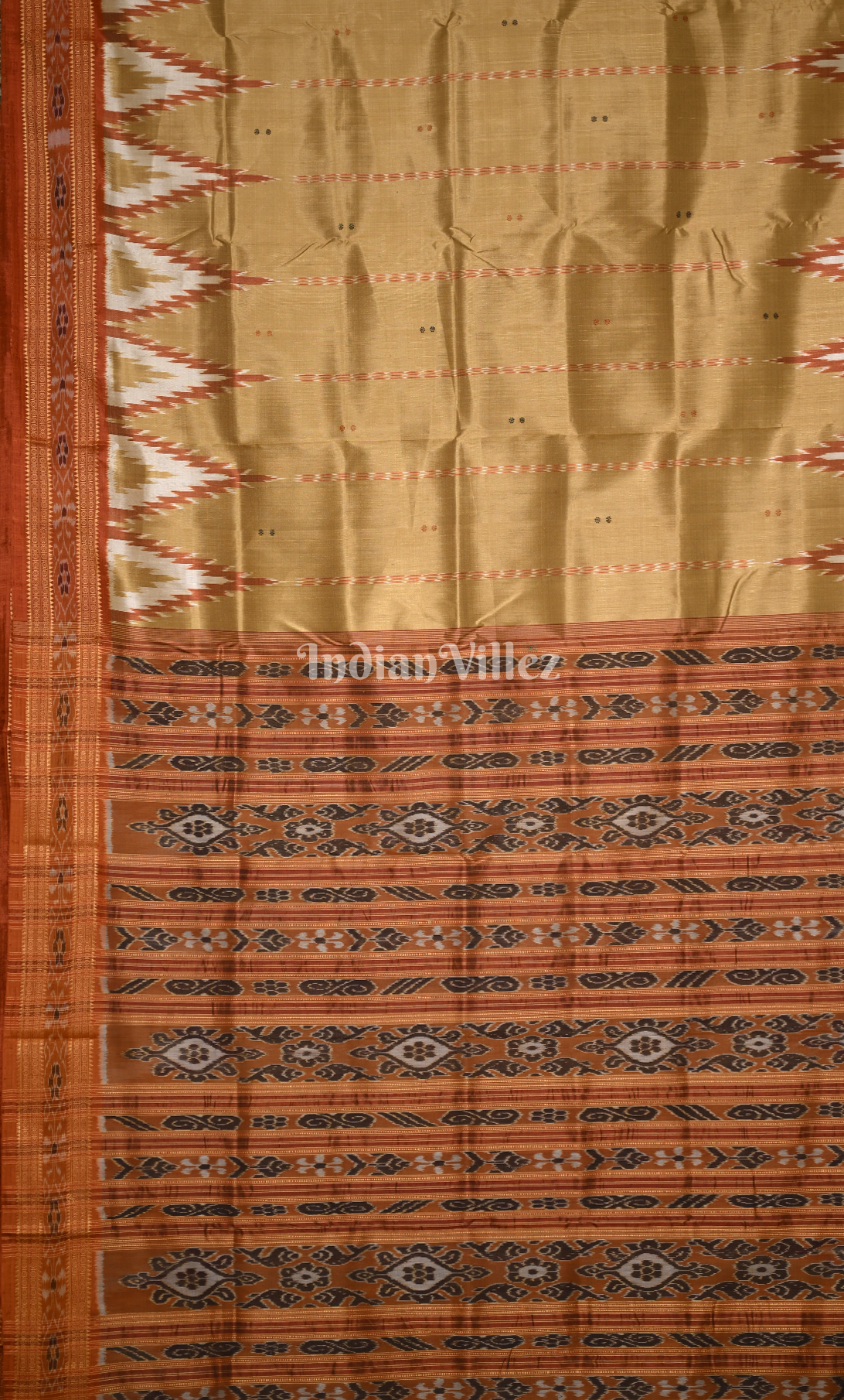Golden Yellow Brown Buti Design Odisha Ikat Khandua Silk Saree 