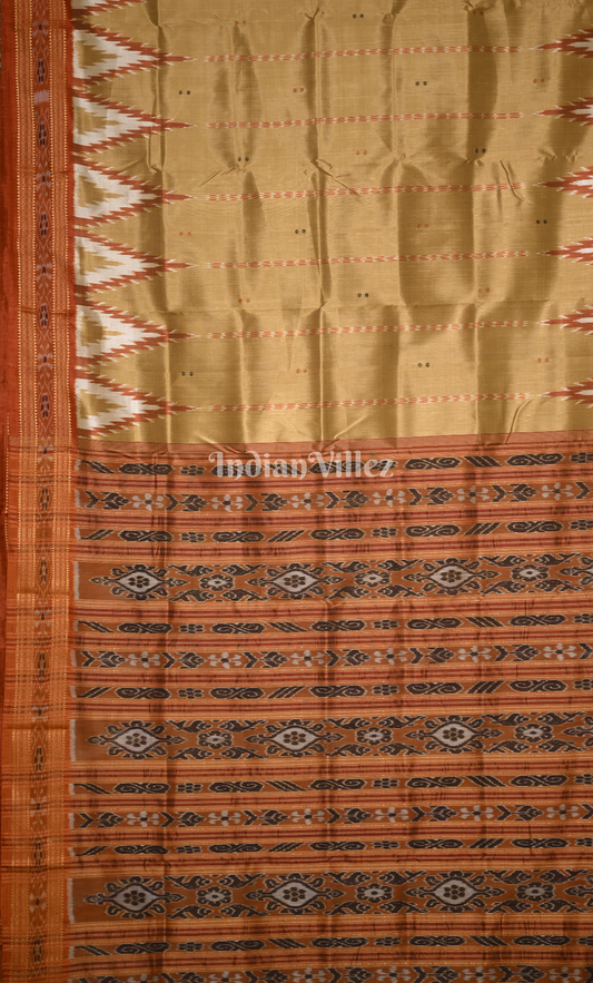 Golden Yellow Brown Buti Design Odisha Ikat Khandua Silk Saree 