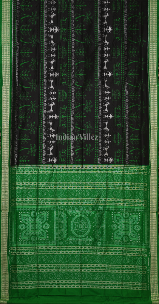 Green Black Tribal Theme Odisha Ikat Sambalpuri Silk Saree 