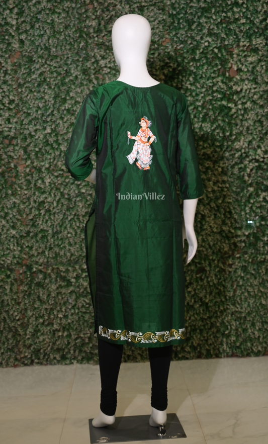 Green Radha Krishna Raas Leela Hand-Painted Pattachitra Kurti