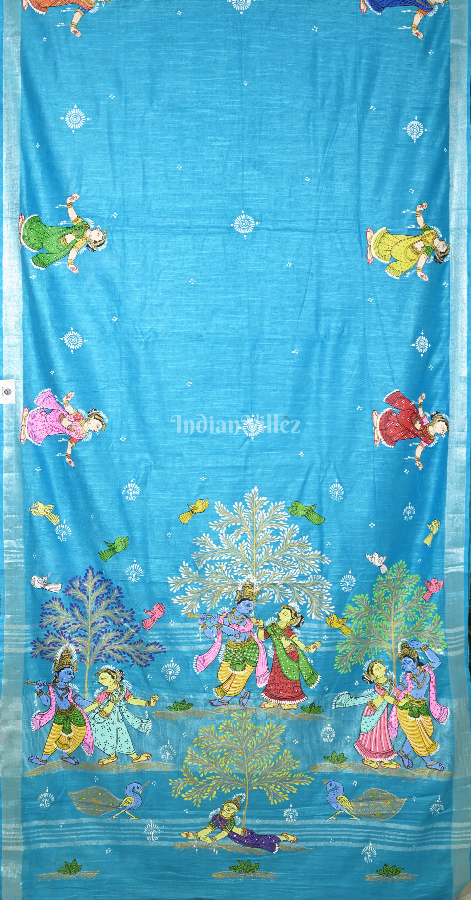 Sky Blue Krishna Raas Leela Hand-Painted Pattachitra Saree