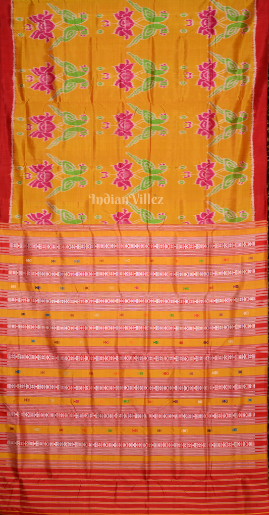 Mustard Yellow Lotus Parrot Theme Contemporary Designer Silk Saree with Siminoi Anchal