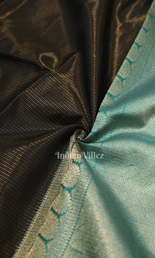 Black Aqua Blue Brocade Pure Kanjivaram Silk Saree with Polka Border