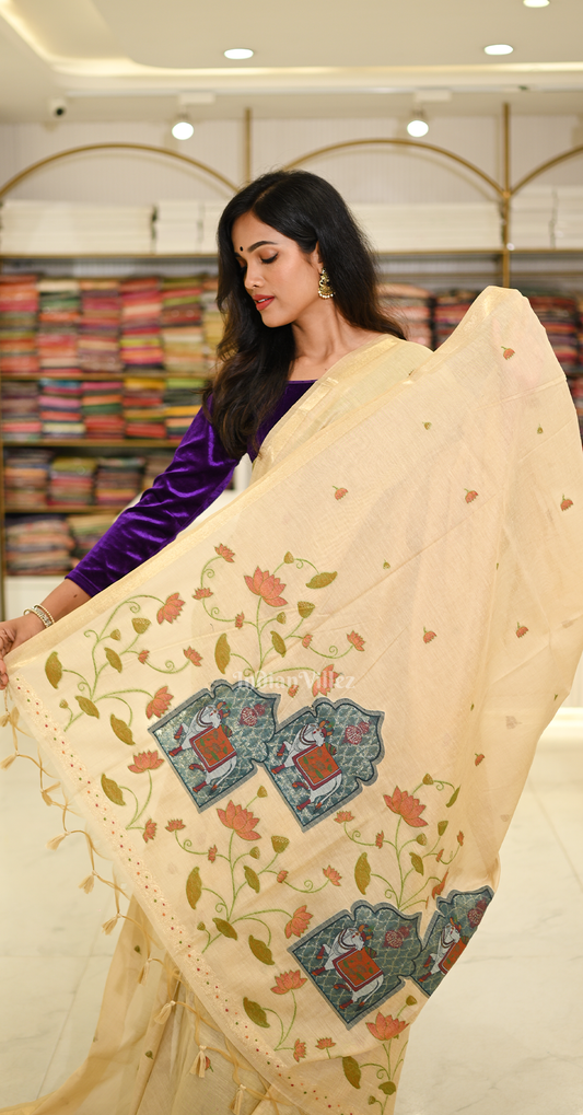 Off White Linen Cotton Pichwai Saree with Zari Border