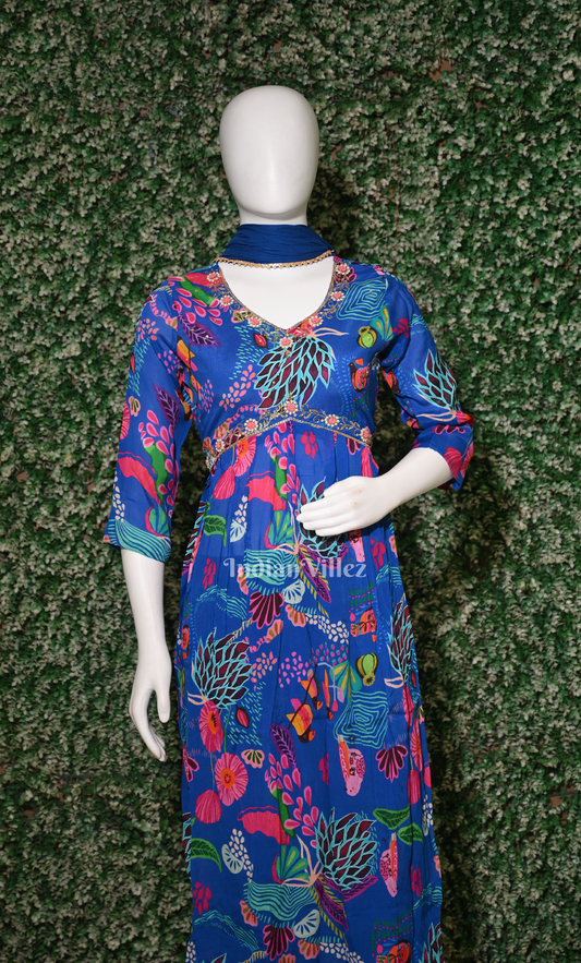 Royal Blue Floral Embroidered Alia Cut Kurta Plazzoo with Dupatta set