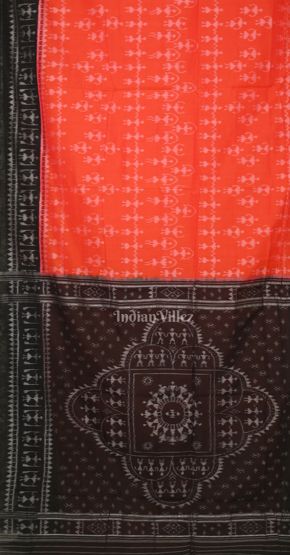 Orange Black Tribal Theme Odisha Ikat Sambalpuri Cotton Saree 