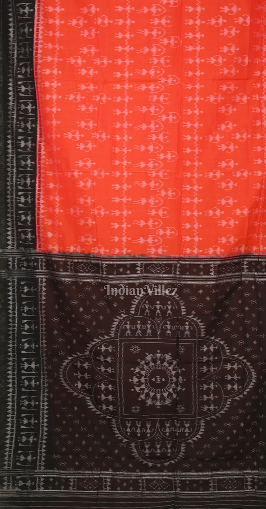 Orange Black Tribal Theme Odisha Ikat Sambalpuri Cotton Saree 