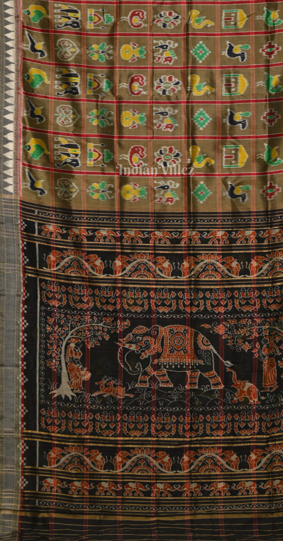 Moss Green Black Nabakothi Khandua Silk Saree with Elephant Motif Anchal