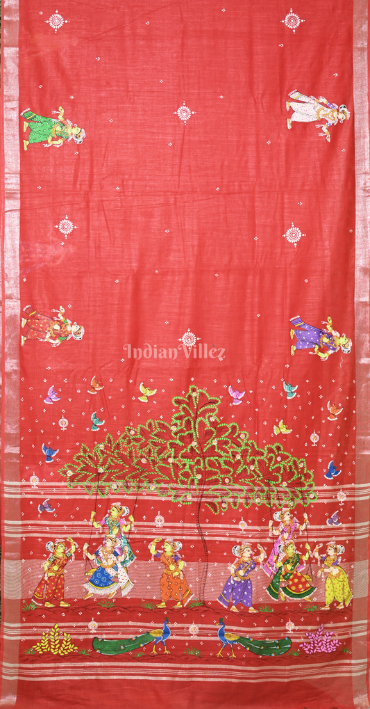 Red Raja Doli Theme Hand-Painted Pattachitra Saree