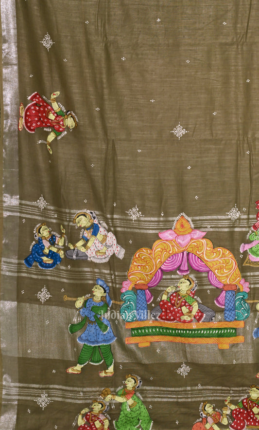 Grey Doli Barat Theme Hand-Painted Pattachitra Saree 