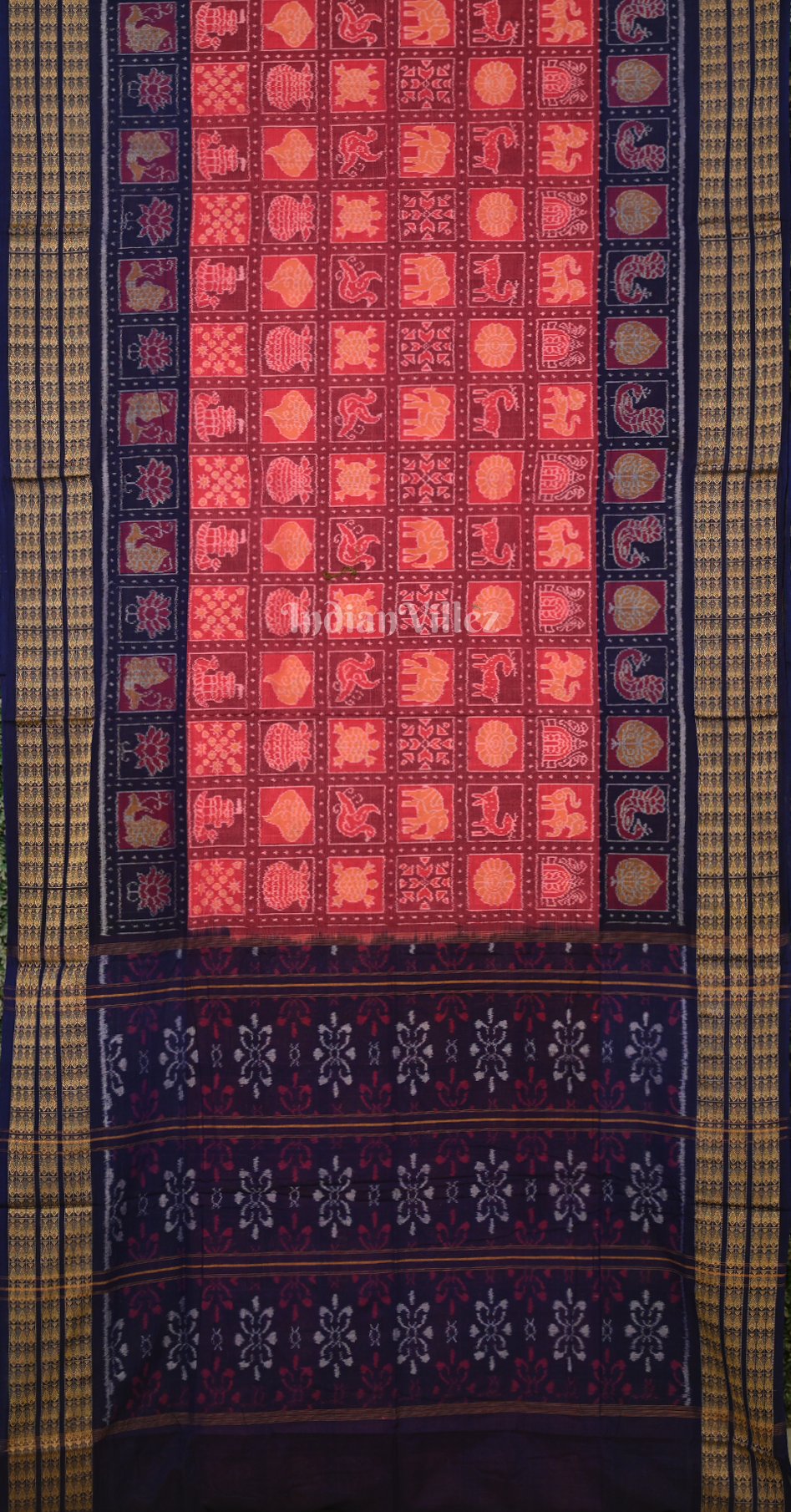 Peach Red Navy Blue Nabakothi Odisha Ikat Sambalpuri Cotton Saree 
