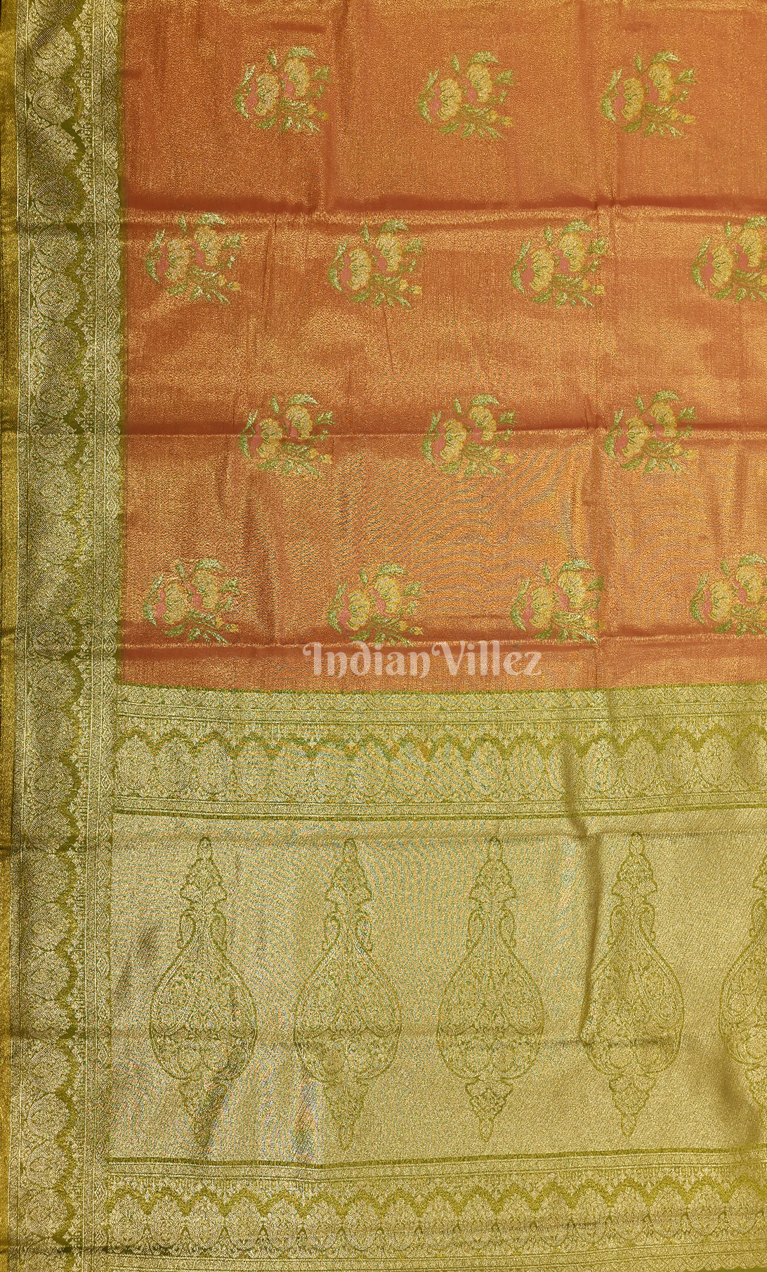 Peach Olive Green Pure Brocade Kanjivaram Silk Saree 
