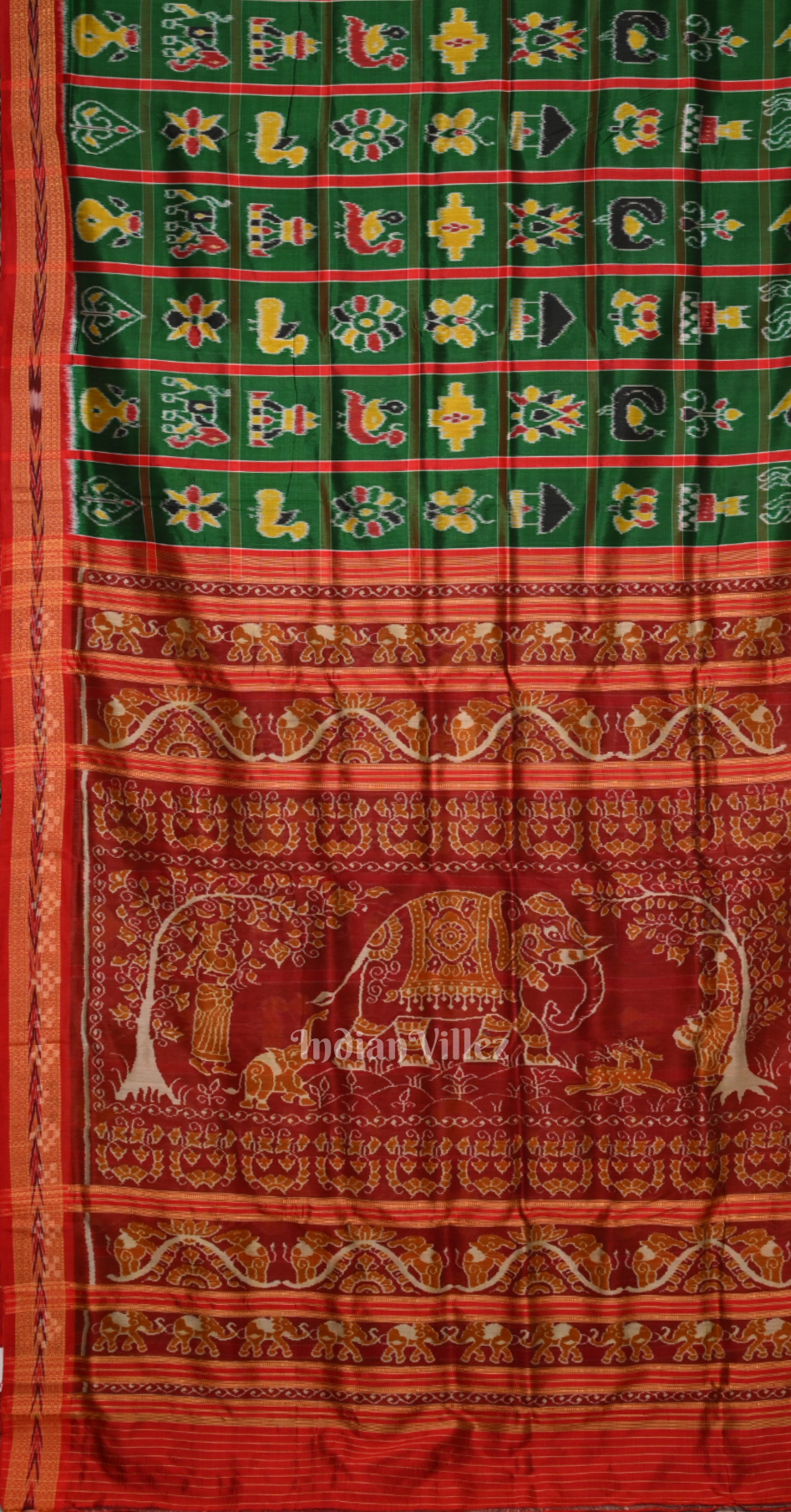 Green Red Nabakothi Odisha Ikat Khandua Silk Saree with Elephant Anchal