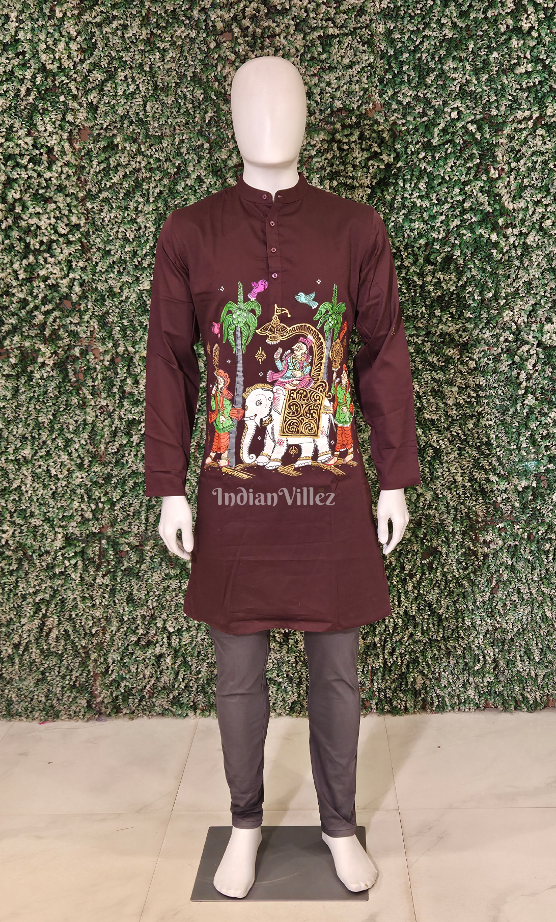 Coffee Kandarpa Hati (Elephant) Hand-Painted Pattachitra Kurta (Cambric Cotton)