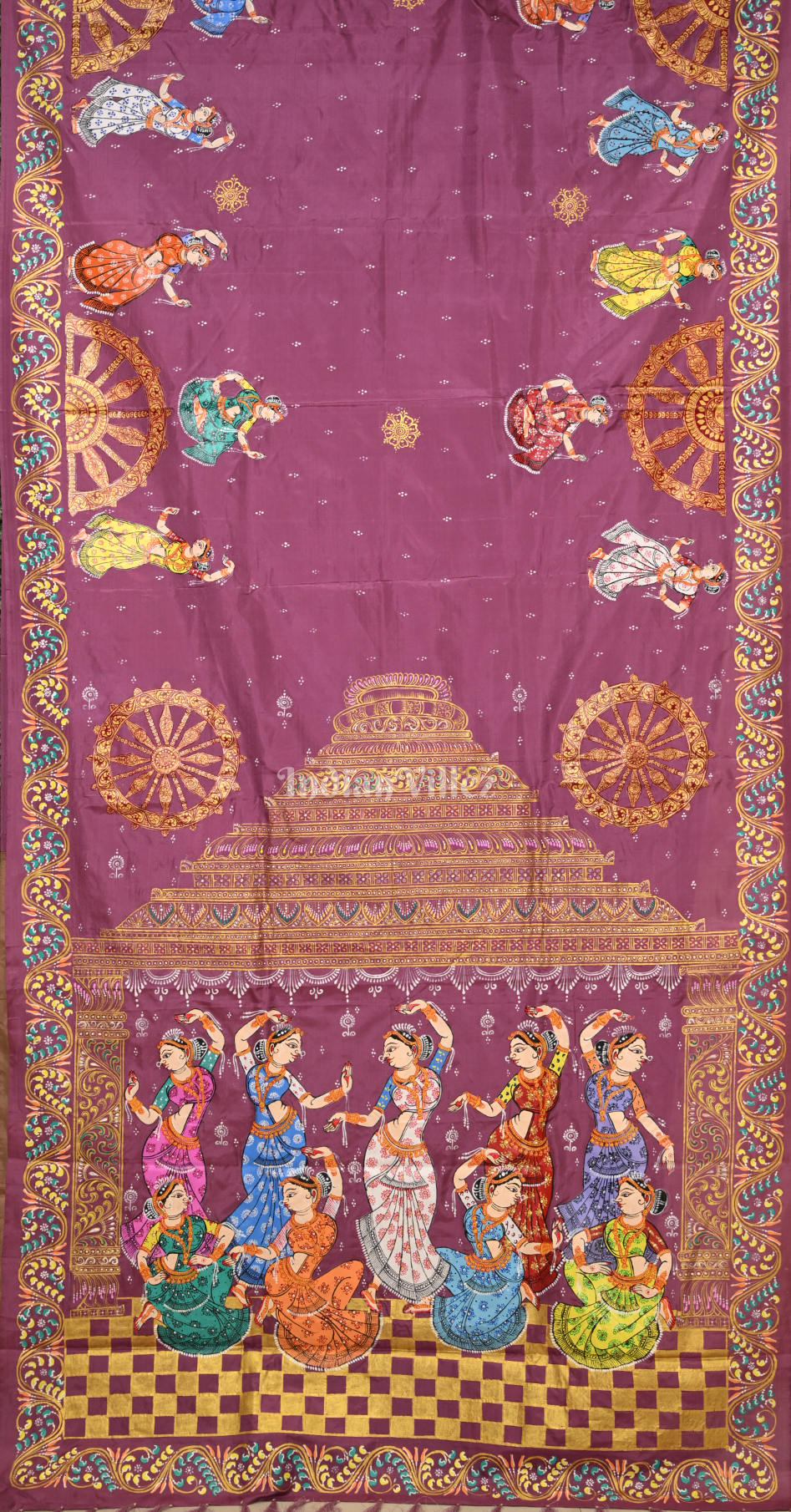 Pink Golden Nartaki Konark Temple Hand-Painted Pattachitra Saree 