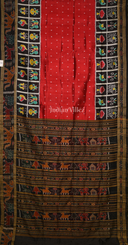 Red Black Dot Half Nabakothi Odisha Ikat Khandua Silk Saree
