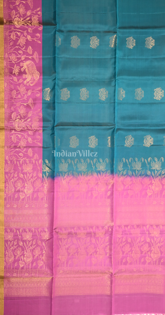 Teal Blue Pink Zari Pure Kanjivaram Soft Silk Saree